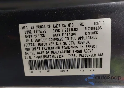 2013 Honda Accord Ex-L V-6 from USA, damaged, VIN 1HGCT2B88DA007024